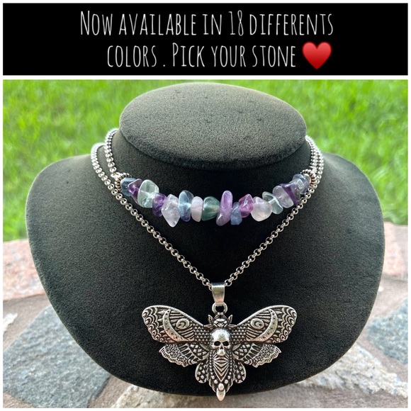 Silverskylight Jewelry - Double layer moth skull moon charm & gems of your choice goth boho necklace